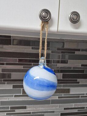 Hand Blown Glass Ball Ornament Blue and White Swirl Pattern